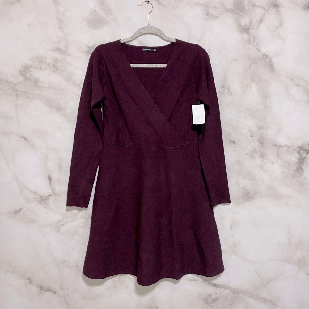 Solutions! Burgundy Cross V-Neck Skater Dress